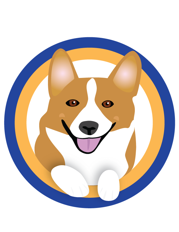 an illustration of a corgi peeking through a blue and gold ring